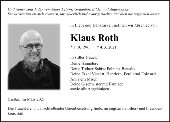 Traueranzeige von Klaus Roth von Giessener Allgemeine, Alsfelder Allgemeine