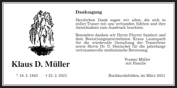 Traueranzeige von Klaus D. Müller von Giessener Allgemeine, Alsfelder Allgemeine
