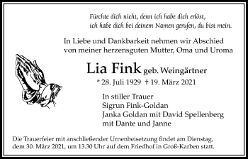 Traueranzeige von Lia Fink von Bad Vilbel/Karben