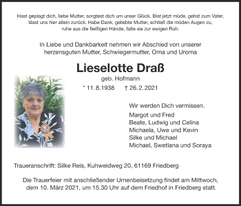 Traueranzeige von Lieselotte Draß von Wetterauer Zeitung