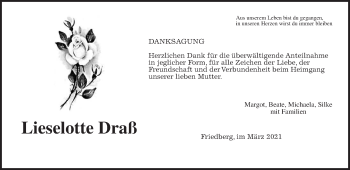 Traueranzeige von Lieselotte Draß von Wetterauer Zeitung