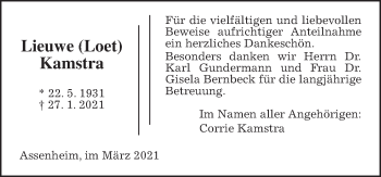 Traueranzeige von Lieuwe Kamstra von Wetterauer Zeitung