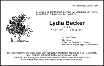 Traueranzeige von Lydia Becker von Alsfelder Allgemeine