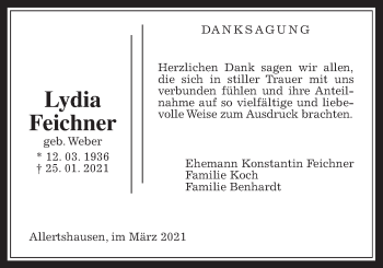 Traueranzeige von Lydia Feichner von Rabenauer Zeitung