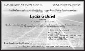 Traueranzeige von Lydia Gabriel von Alsfelder Allgemeine