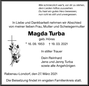 Traueranzeige von Magda Turba von Giessener Allgemeine, Alsfelder Allgemeine