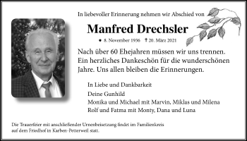 Traueranzeige von Manfred Drechsler von Wetterauer Zeitung