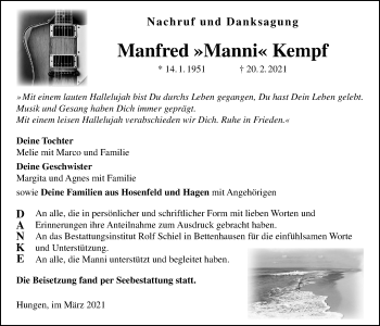 Traueranzeige von Manfred Kempf von Licher Wochenblatt