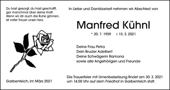 Traueranzeige von Manfred Kühnl von Giessener Allgemeine, Alsfelder Allgemeine