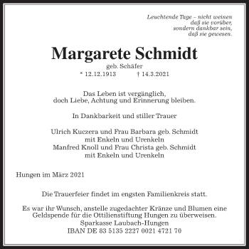 Traueranzeige von Margarete Schmidt von Giessener Allgemeine, Alsfelder Allgemeine