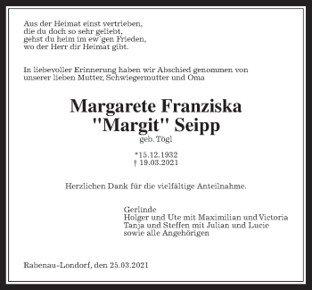 Traueranzeige von Margarete Franziska Seipp von Giessener Allgemeine, Alsfelder Allgemeine