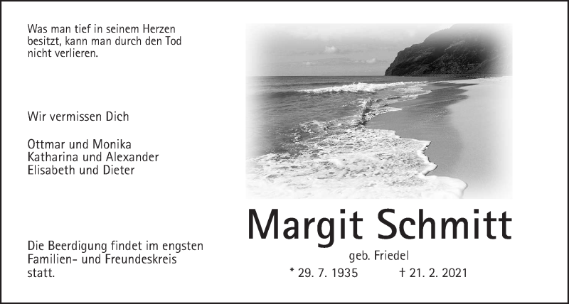  Traueranzeige für Margit Schmitt vom 10.03.2021 aus Giessener Allgemeine, Alsfelder Allgemeine