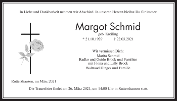 Traueranzeige von Margot Schmid von Giessener Allgemeine, Alsfelder Allgemeine