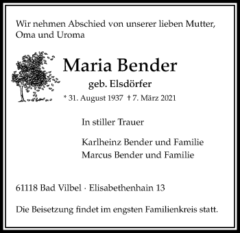 Traueranzeige von Maria Bender von Bad Vilbel/Karben
