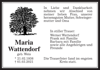 Traueranzeige von Maria Wattendorf von Wetterauer Zeitung