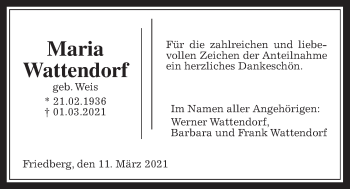 Traueranzeige von Maria Wattendorf von Wetterauer Zeitung