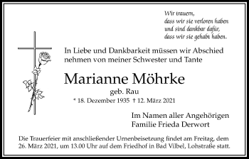 Traueranzeige von Marianne Möhrke von Bad Vilbel/Karben