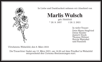 Traueranzeige von Marlis Wulsch von Giessener Allgemeine, Alsfelder Allgemeine