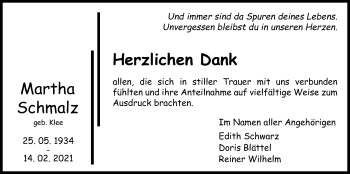 Traueranzeige von Martha Schmalz von Pohlheimer Nachrichten