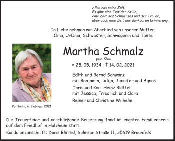 Traueranzeige von Martha Schmalz von Pohlheimer Nachrichten