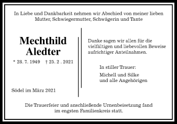 Traueranzeige von Mechthild Aledter von Wetterauer Zeitung