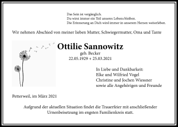 Traueranzeige von Ottilie Sannowitz von Wetterauer Zeitung