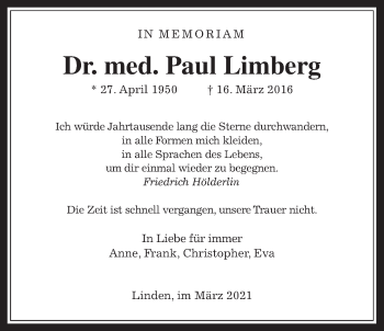 Traueranzeige von Paul Limberg von Giessener Allgemeine, Alsfelder Allgemeine