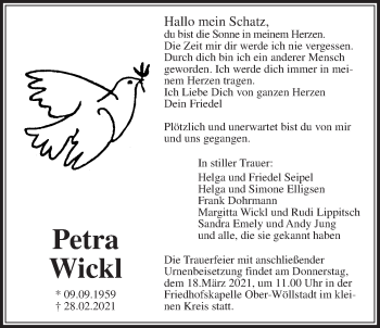 Traueranzeige von Petra Wickl von Wetterauer Zeitung