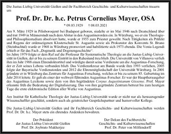 Traueranzeige von Petrus Cornelius Mayer von Giessener Allgemeine, Alsfelder Allgemeine