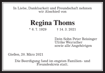Traueranzeige von Regina Thoms von Giessener Allgemeine, Alsfelder Allgemeine