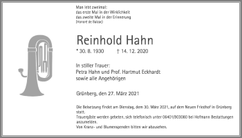 Traueranzeige von Reinhold Hahn von Giessener Allgemeine, Alsfelder Allgemeine