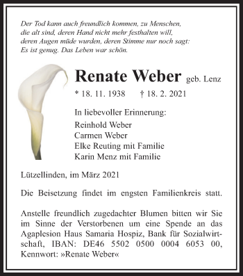 Traueranzeige von Renate Weber von Giessener Allgemeine, Alsfelder Allgemeine