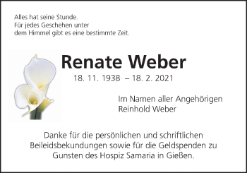 Traueranzeige von Renate Weber von Giessener Allgemeine, Alsfelder Allgemeine