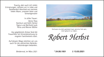 Traueranzeige von Robert Herbst von Alsfelder Allgemeine