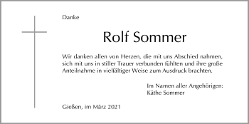 Traueranzeige von Rolf Sommer von Giessener Allgemeine, Alsfelder Allgemeine