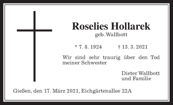 Traueranzeige von Roselies Hollarek von Giessener Allgemeine, Alsfelder Allgemeine