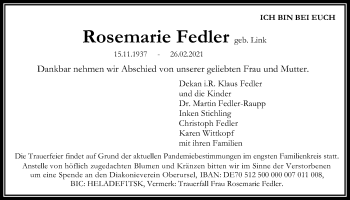Traueranzeige von Rosemarie Fedler von Wetterauer Zeitung