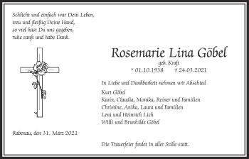 Traueranzeige von Rosemarie Lina Göbel von Giessener Allgemeine, Alsfelder Allgemeine