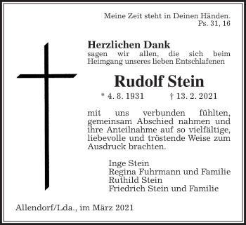 Traueranzeige von Rudolf Stein von Allendorfer Mitteilungen