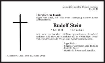 Traueranzeige von Rudolf Stein von Giessener Allgemeine, Alsfelder Allgemeine