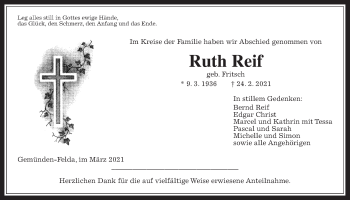 Traueranzeige von Ruth Reif von Alsfelder Allgemeine