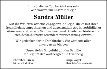 Traueranzeige von Sandra Müller von Wetterauer Zeitung