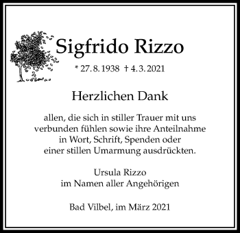Traueranzeige von Sigfrido Rizzo von Bad Vilbel/Karben