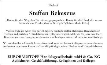 Traueranzeige von Steffen Bekeszus von Wetterauer Zeitung