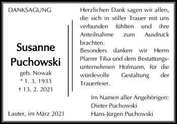 Traueranzeige von Susanne Puchowski von Giessener Allgemeine, Alsfelder Allgemeine
