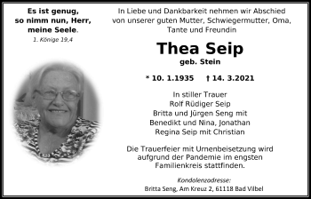 Traueranzeige von Thea Seip von Giessener Allgemeine, Alsfelder Allgemeine