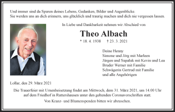 Traueranzeige von Theo Albach von Giessener Allgemeine, Alsfelder Allgemeine
