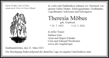 Traueranzeige von Theresia Möbus von Giessener Allgemeine, Alsfelder Allgemeine