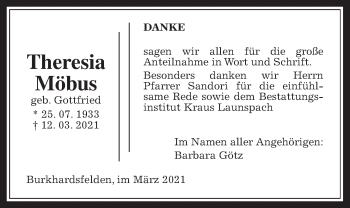 Traueranzeige von Theresia Möbus von Giessener Allgemeine, Alsfelder Allgemeine