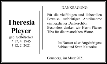 Traueranzeige von Theresia Pleyer von Giessener Allgemeine, Alsfelder Allgemeine